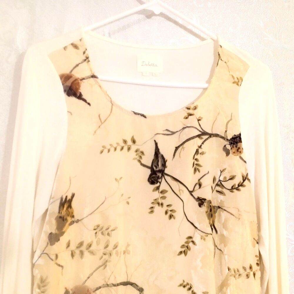 Delatta Anthropologie Bird Print Burnout Velvet Top XS Cream Botanical Long Slee - Picture 4 of 8